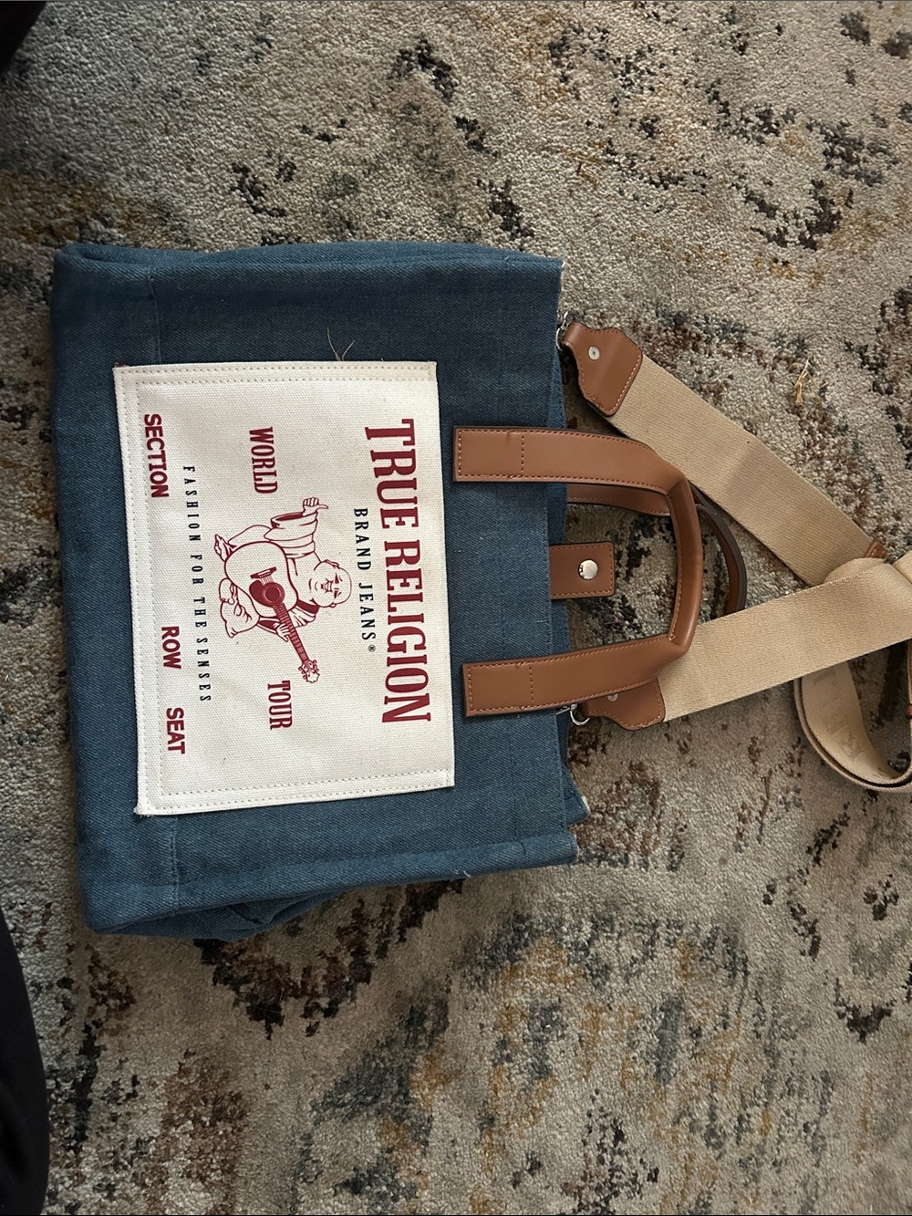 True Religion Blue Canvas Messenger Bag with Tan Accents